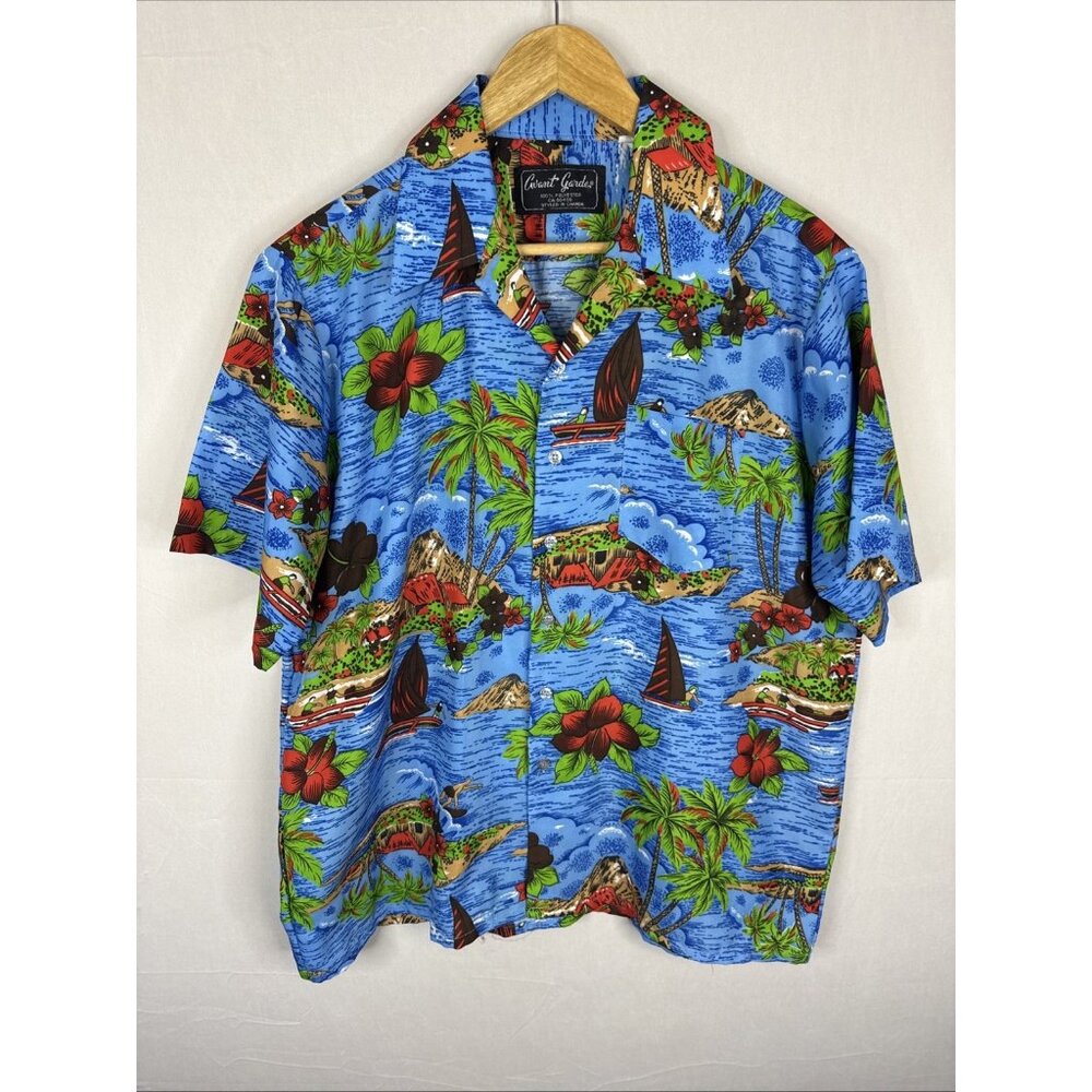 Avant‎ Garde Hawaiian Shirt Blue Tropical Polyester Vintage 80s Colorful